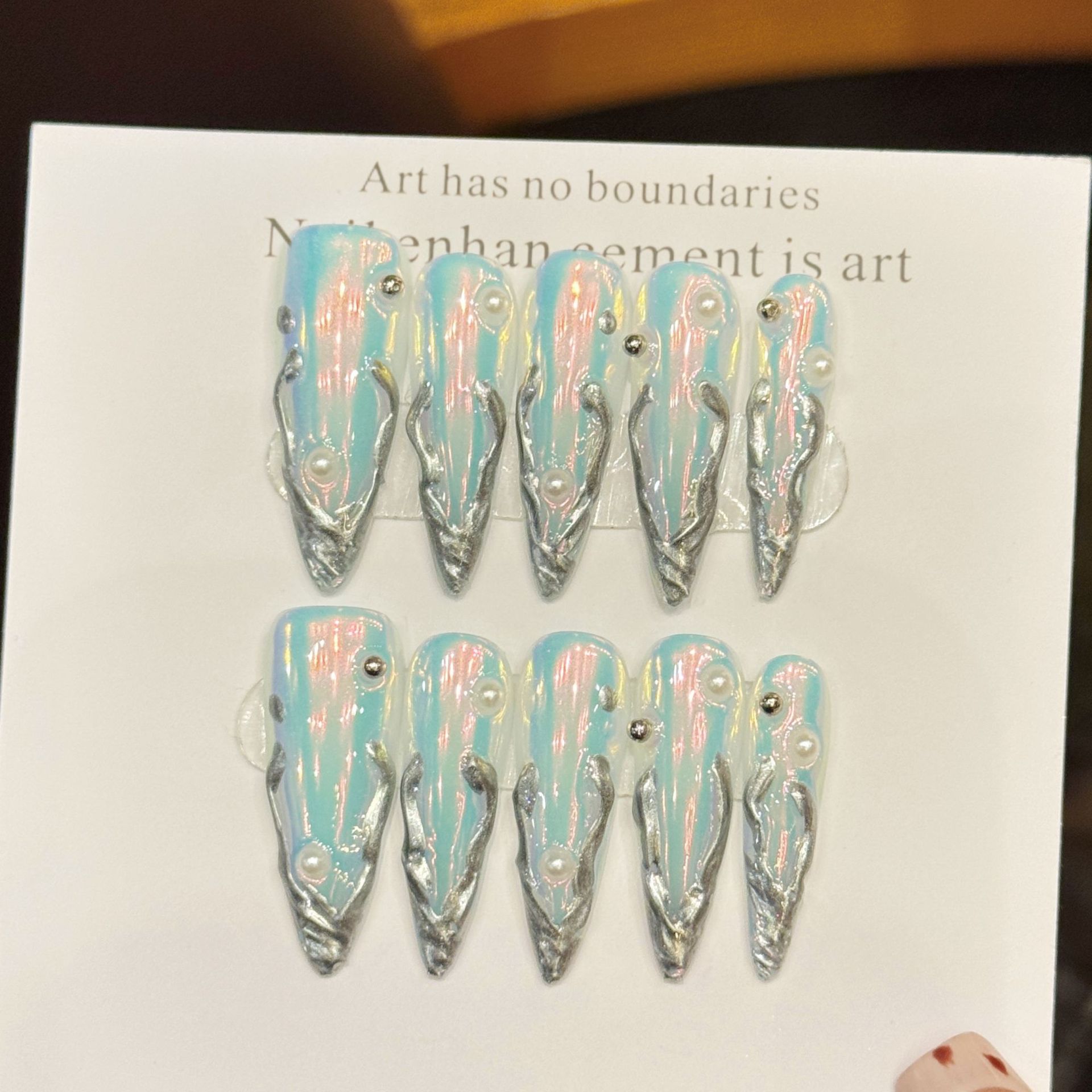 Nail Art Press On - 10 pçs prata aurora longo stiletto