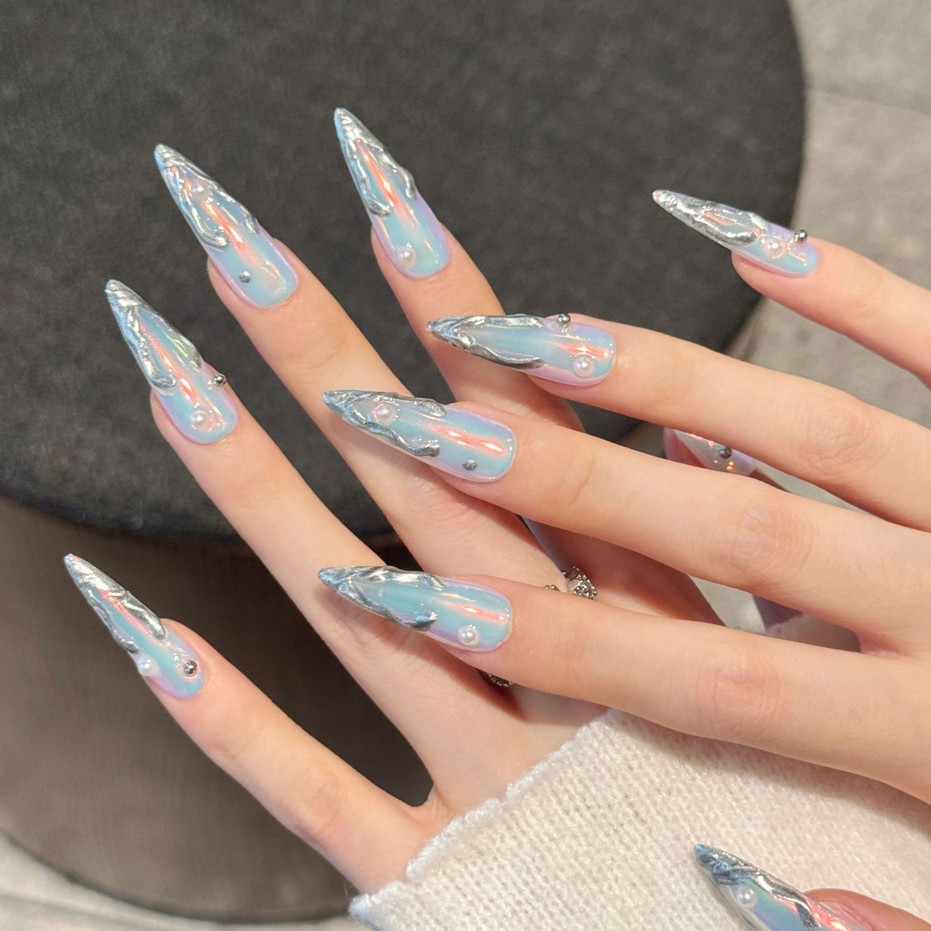 10 pçs prata aurora longo stil - Nail Art Press On avaliação e preço