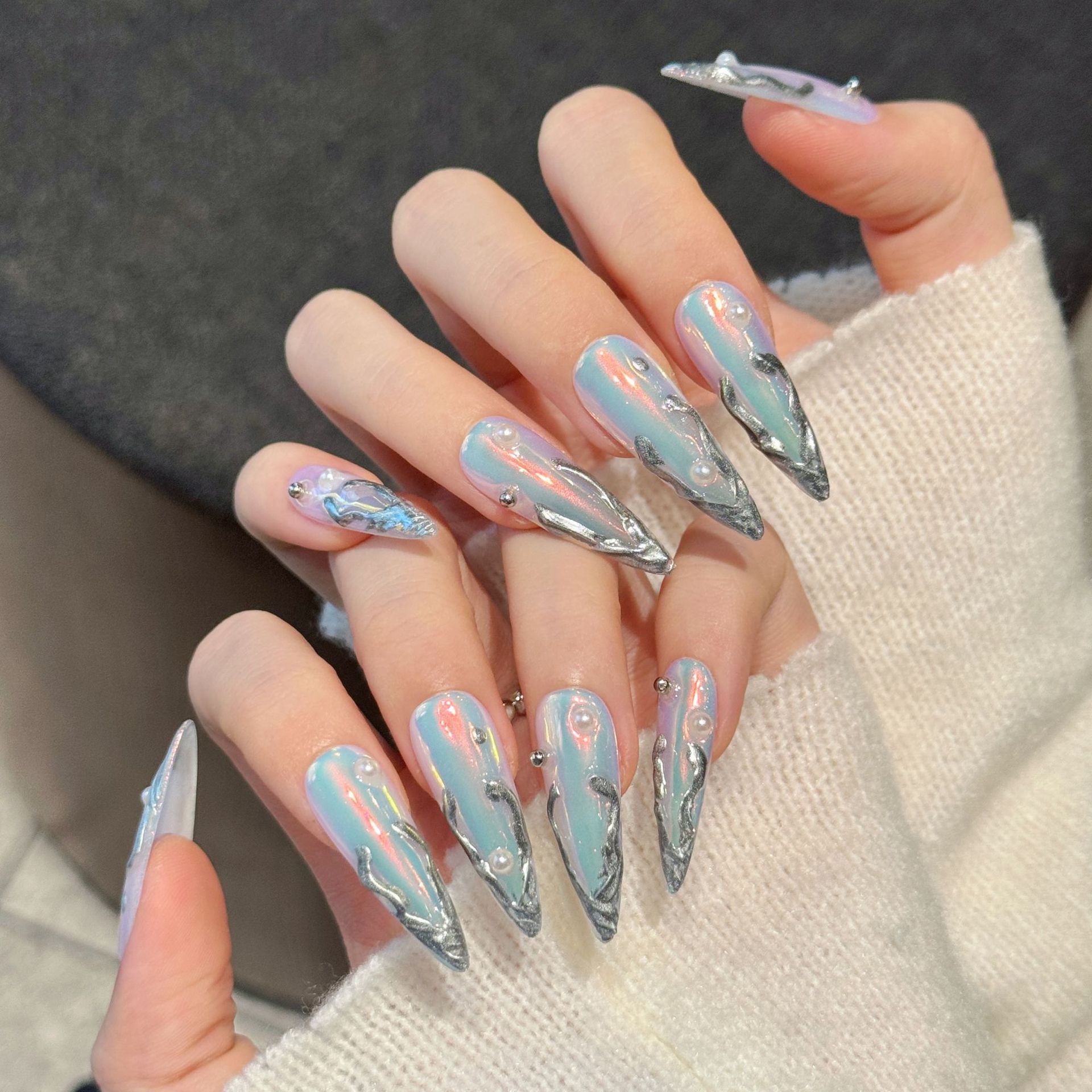 10 pçs prata aurora longo stil - Nail Art Press On avaliação e preço
